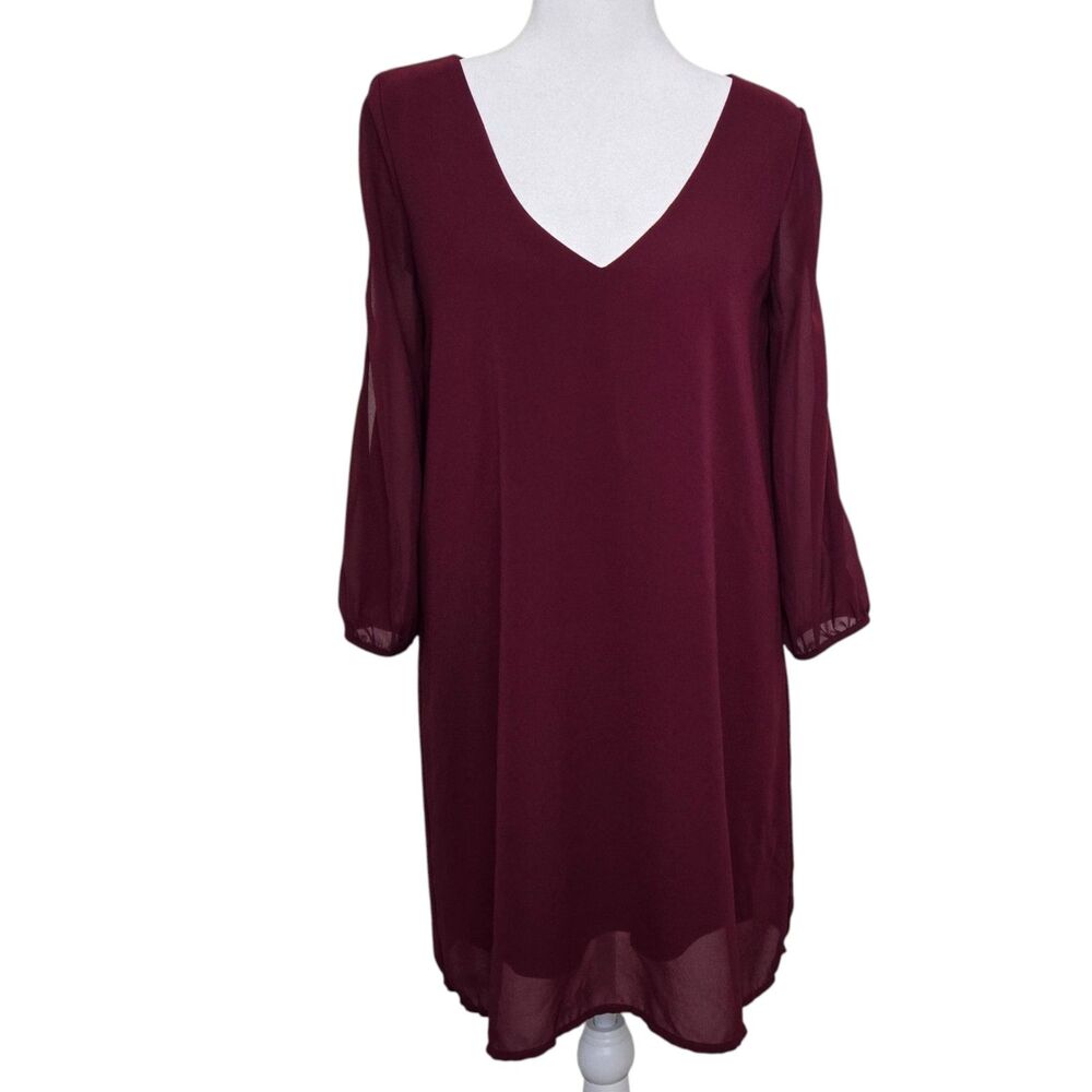 Lulus Burgundy V-Neck Shift Dress Small Sheer Sleeves Lined